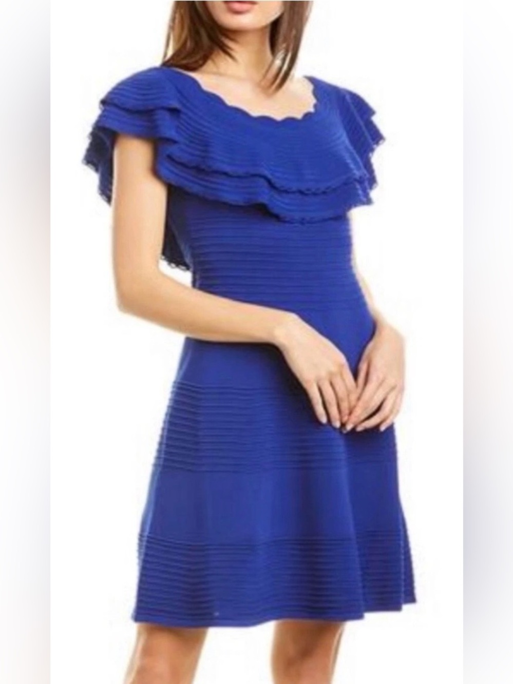 Eliza J Royal Blue Ruffled Neck Midi Dress knit size small